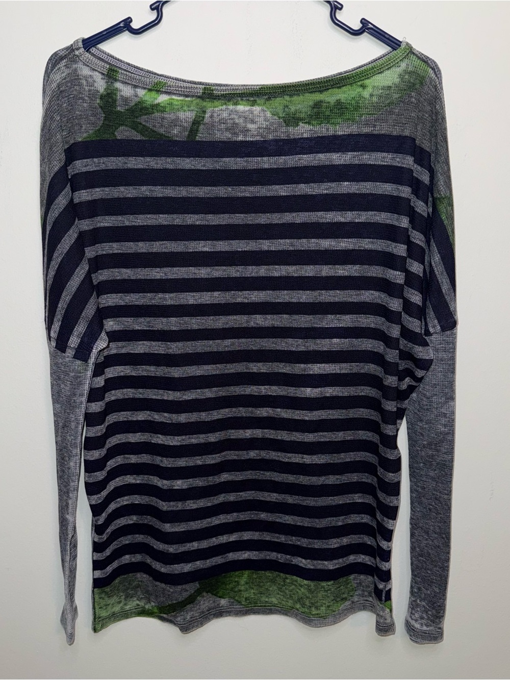 Go Couture Navy and Gray Striped Long-Sleeve Shirt with Green Accents